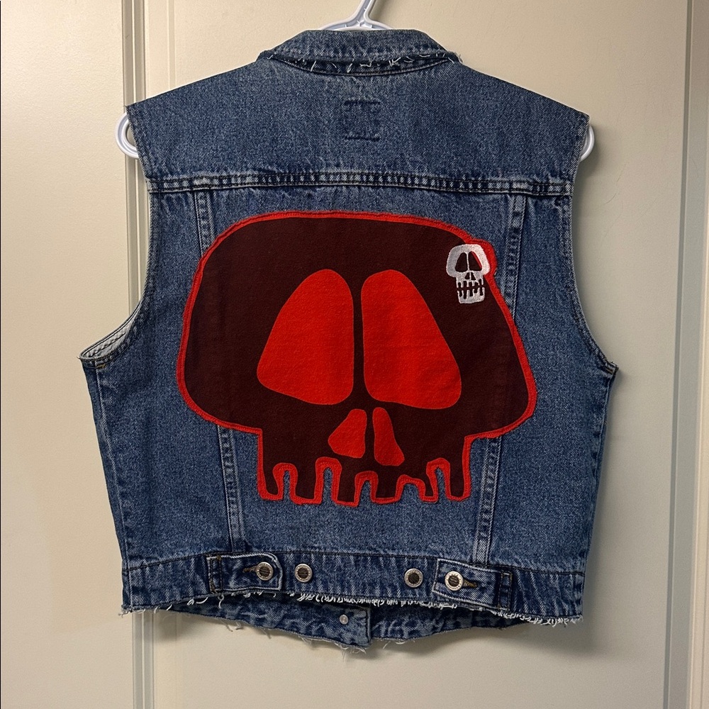 Denim Vest with Red Skull Patch